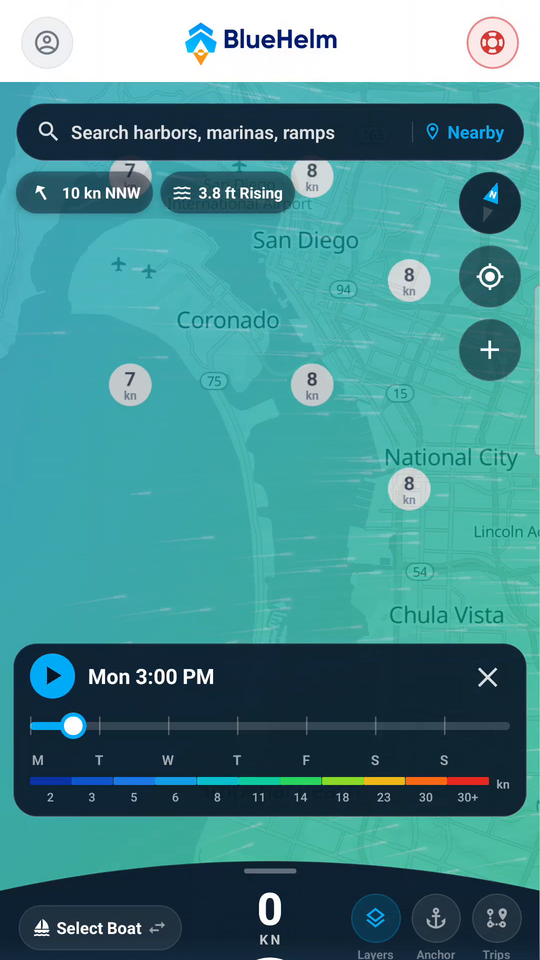 Wind forecast over the chart, scrubbed hour by hour