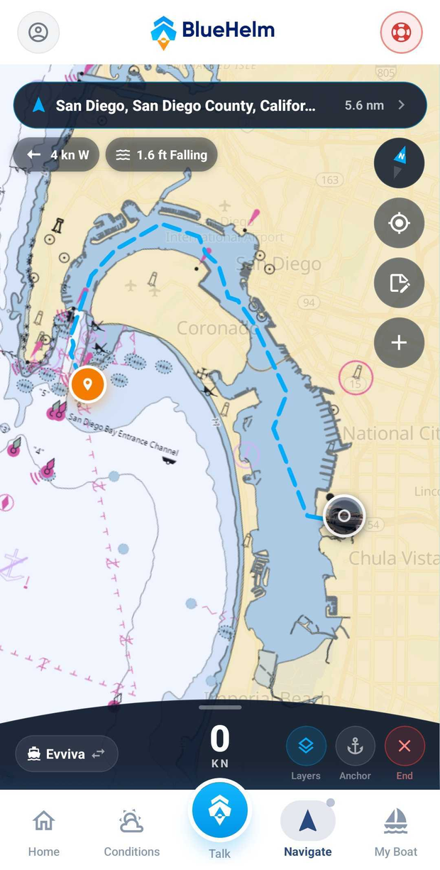 Water route from San Diego Bay to Catalina following the shipping channel