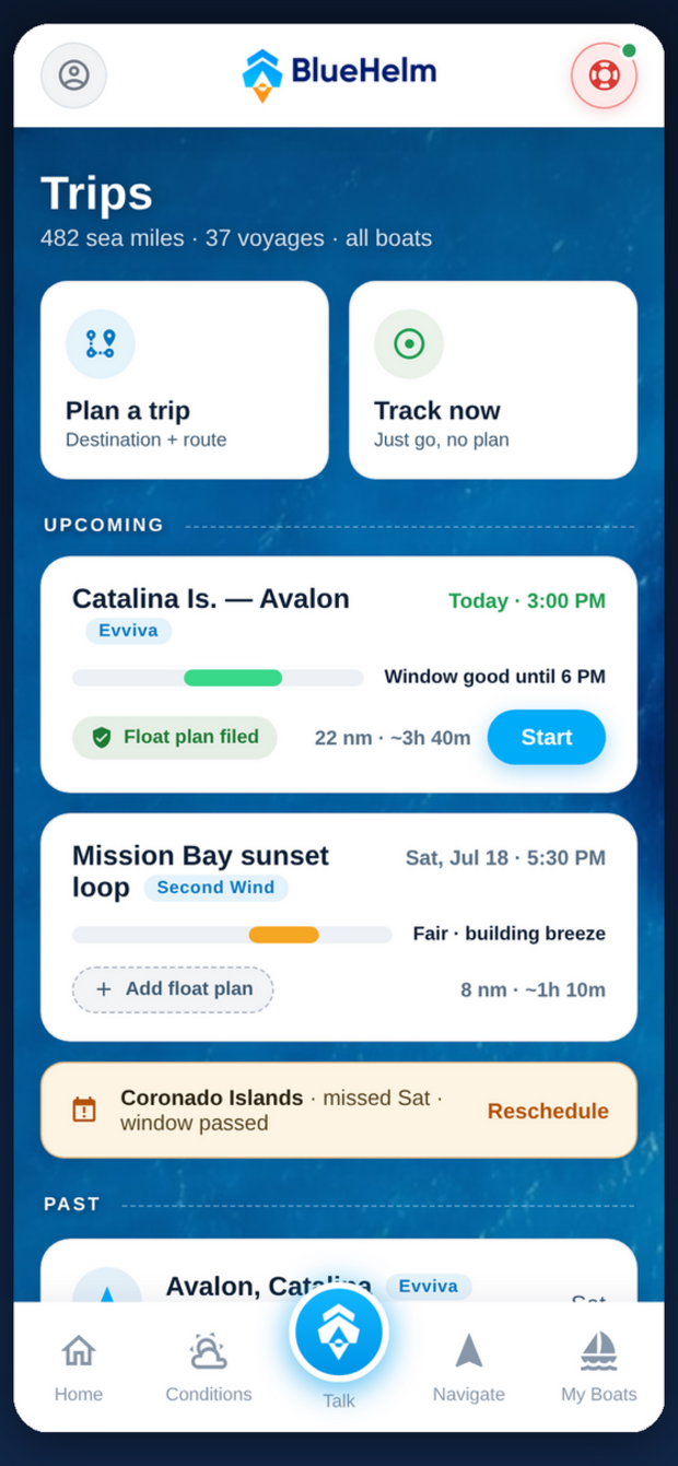 Trips screen with planner, upcoming trips and float plans