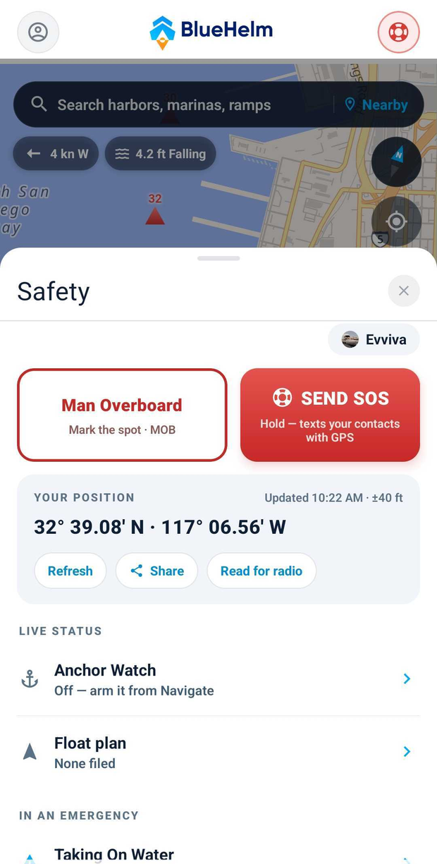 Safety sheet with man overboard, SOS and live position